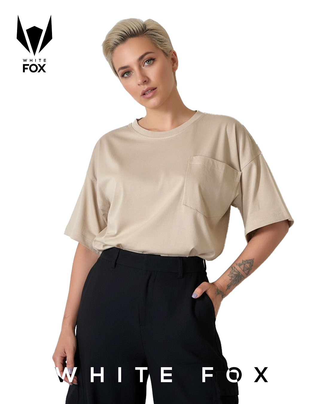 تیشرت باکسی کوتاه زنانه کرمی پنبه سوپر